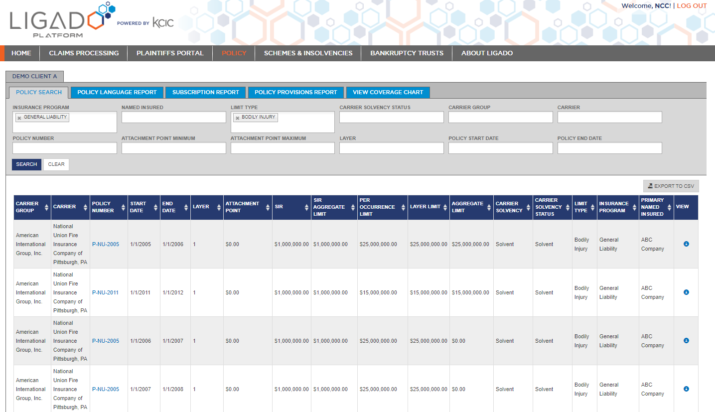 Search for a policy in the coverage block using multiple filters.  Quickly view policy PDF by selecting the link in the results.